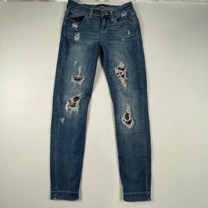 Judy Blue Distressed Skinny Jeans Camo Patched Ripped Denim‎ Med Wash Size 7/28